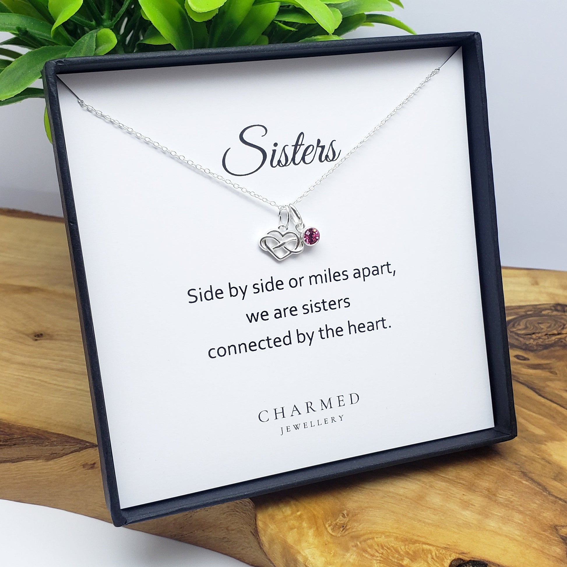 Sister Infinity Heart Necklace with Birthstone in Sterling Silver 925 | Personalised Jewellery Gift