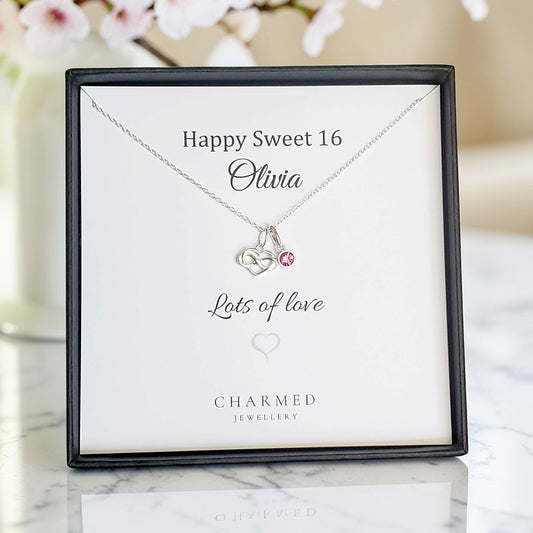 Sweet 16 Infinity Heart Birthstone Necklace | Sterling Silver 925 | Personalised Gift