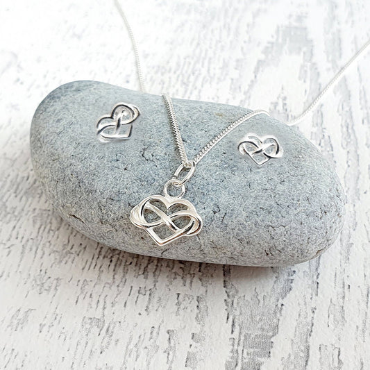 Infinity Heart Necklace and Stud Earrings Gift Set Sterling Silver, Personalised Jewellery
