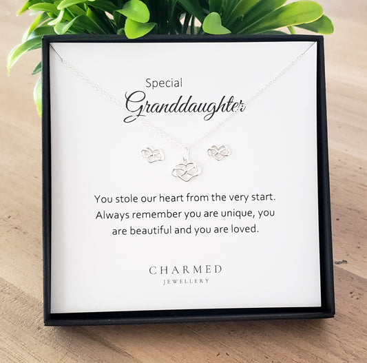 Granddaughter Infinity Heart Necklace & Earrings Set in Sterling Silver 925 | Personalised Jewellery Gift