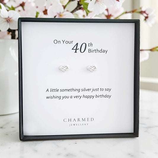 40th Birthday Infinity Heart Stud Earrings | Sterling Silver 925 | Personalised Gift