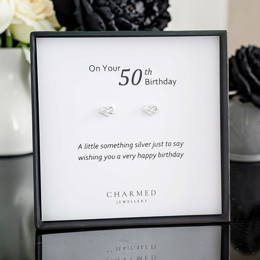 50th Birthday Infinity Heart Stud Earrings | Sterling Silver 925 | Personalised Gift