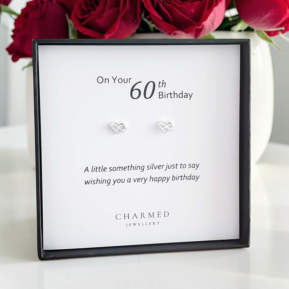 60th Birthday Infinity Heart Stud Earrings | Sterling Silver 925 | Personalised Gift