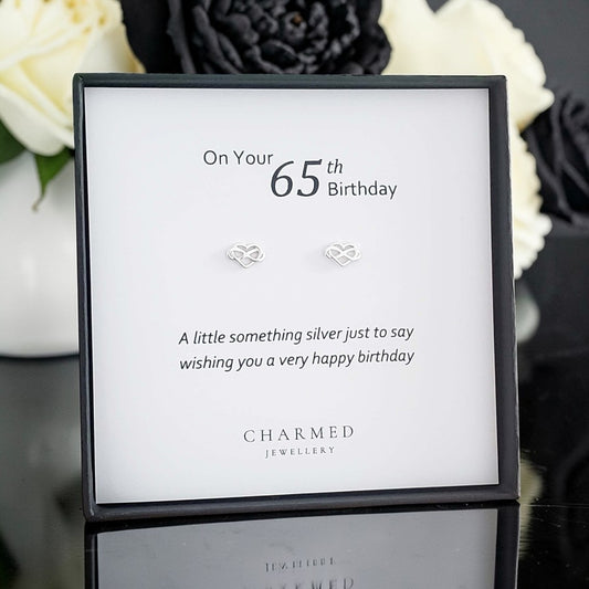 65th Birthday Infinity Heart Stud Earrings | Sterling Silver 925 | Personalised Gift