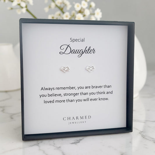 Daughter Gift, Infinity Heart Stud Earrings Sterling Silver 925 | Personalised Jewellery Gift