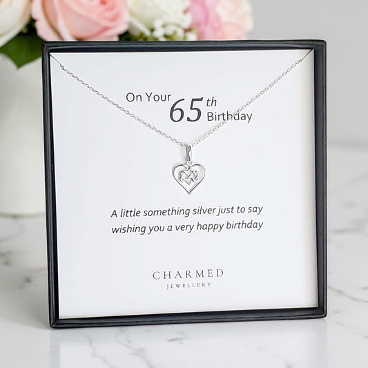 65th Birthday Infinity Knot Heart Necklace in Sterling Silver 925 | Personalised Gift