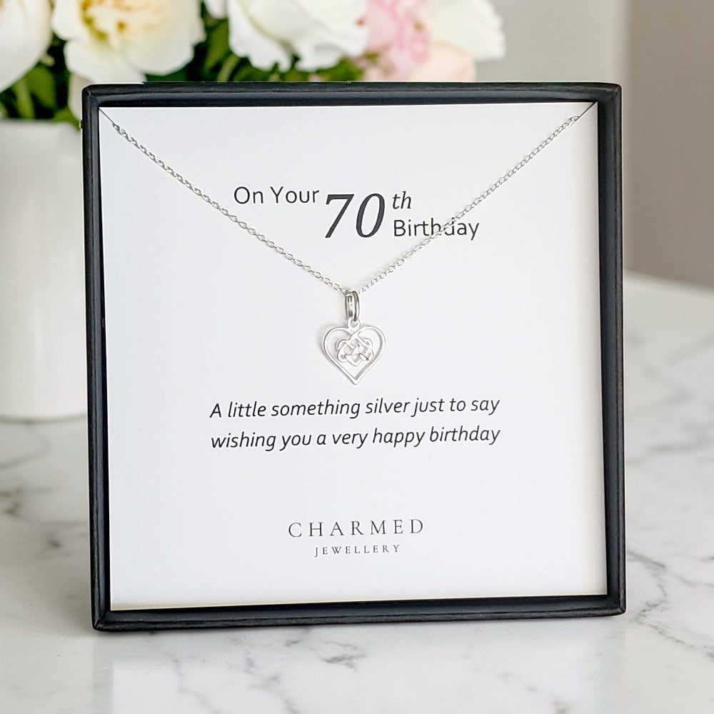 70th Birthday Infinity Knot Heart Necklace in Sterling Silver 925 | Personalised Gift