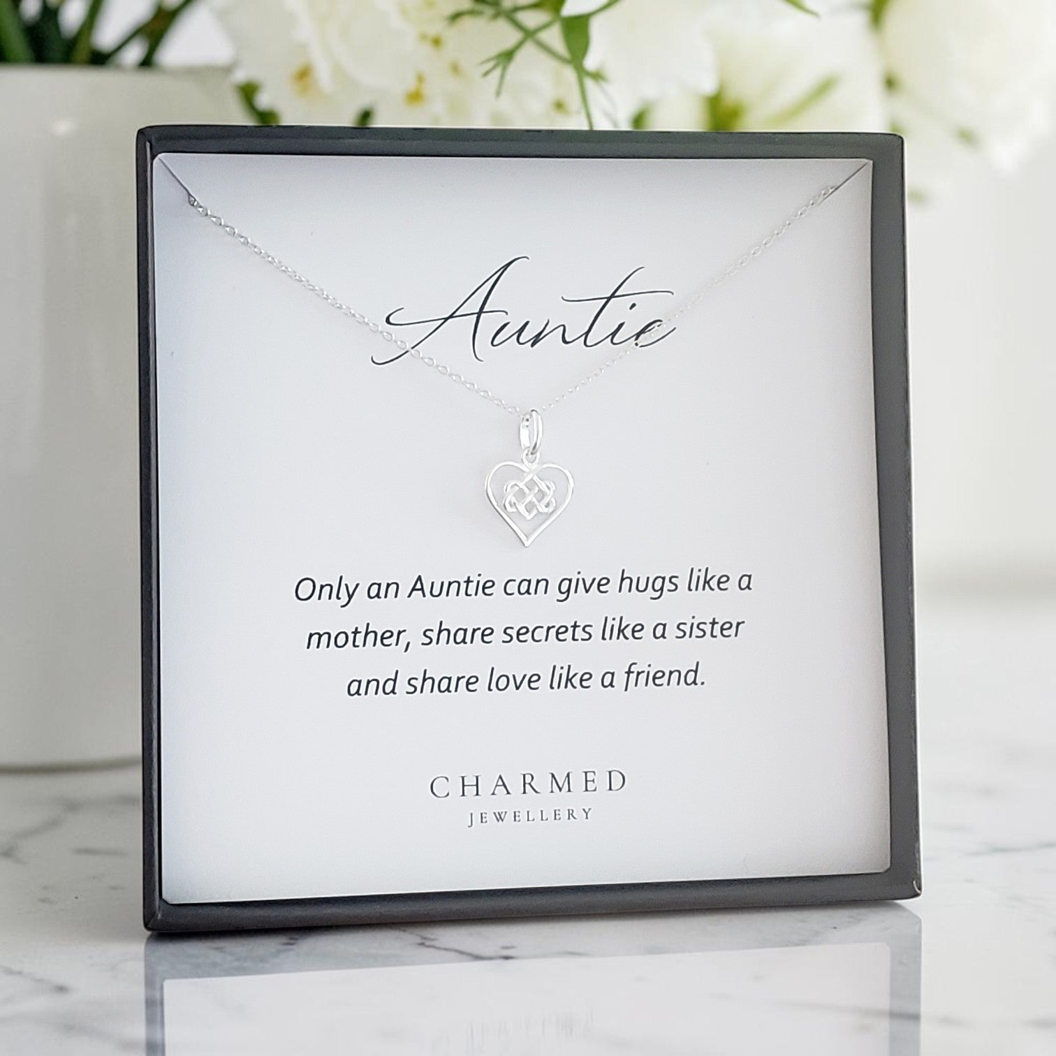 Auntie Infinity Knot Heart Necklace in Sterling Silver 925 | Personalised Jewellery Gift