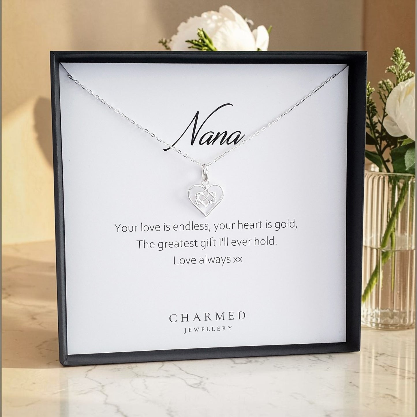 Nana Infinity Knot Heart Necklace in Sterling Silver 925 | Personalised Jewellery Gift