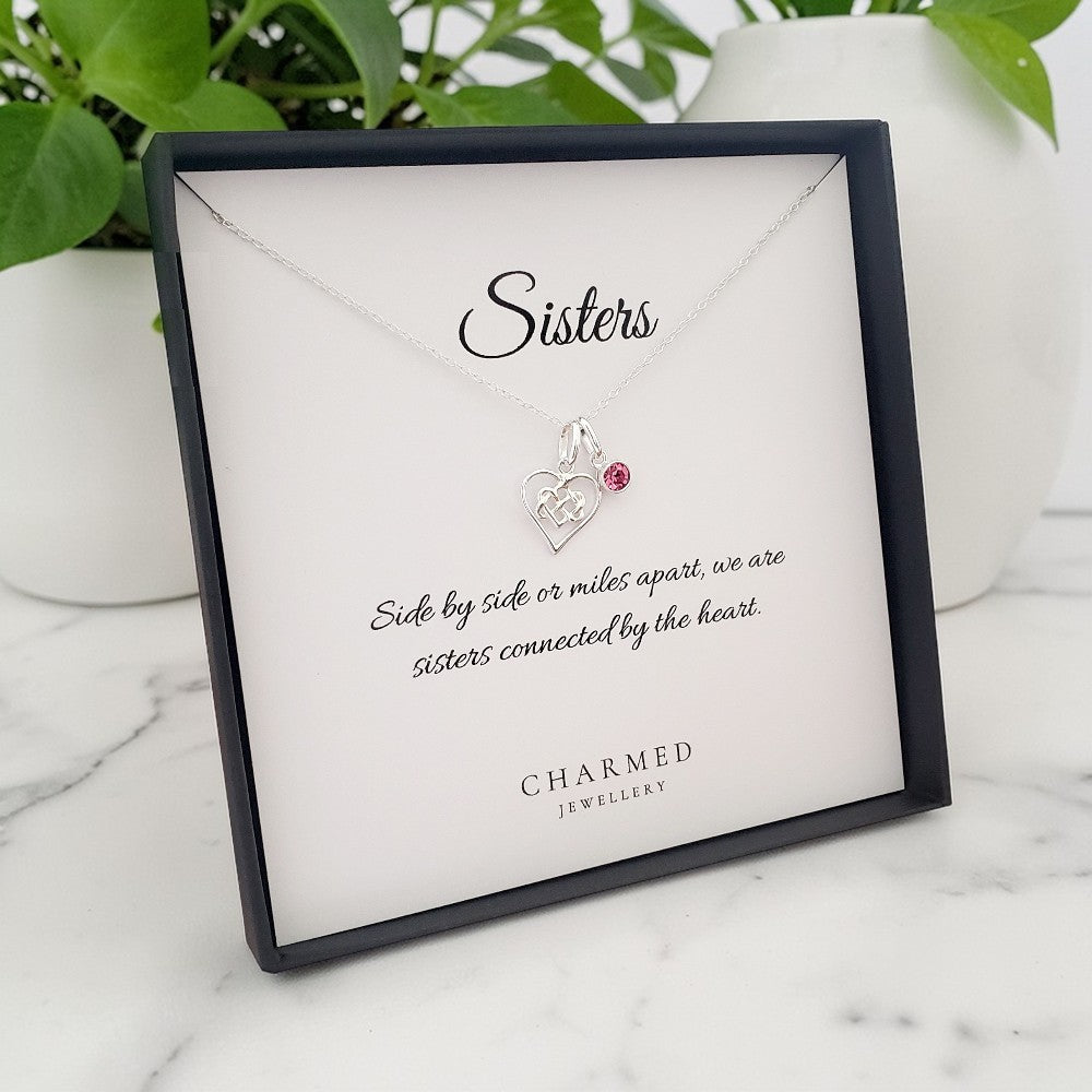Sister Infinity Knot Necklace with Birthstone in Sterling Silver 925 | Personalised Gift