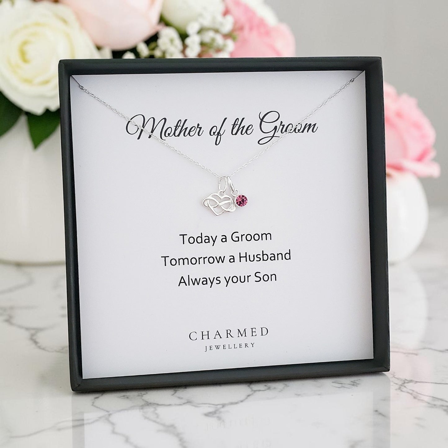 Mother of the Groom Infinity Heart Necklace with Birthstone | Sterling Silver 925 | Personalised Jewellery Gift