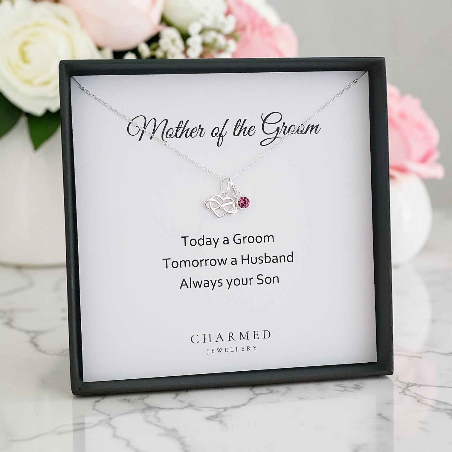 Mother of the Groom Infinity Heart Necklace with Birthstone | Sterling Silver 925 | Personalised Jewellery Gift