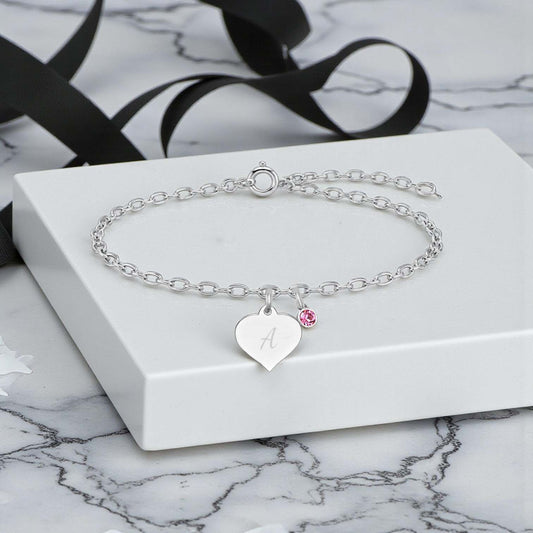 Engraved Heart Initial Bracelet with Birthstone in Sterling Silver 925 | Personalised Jewellery Gift