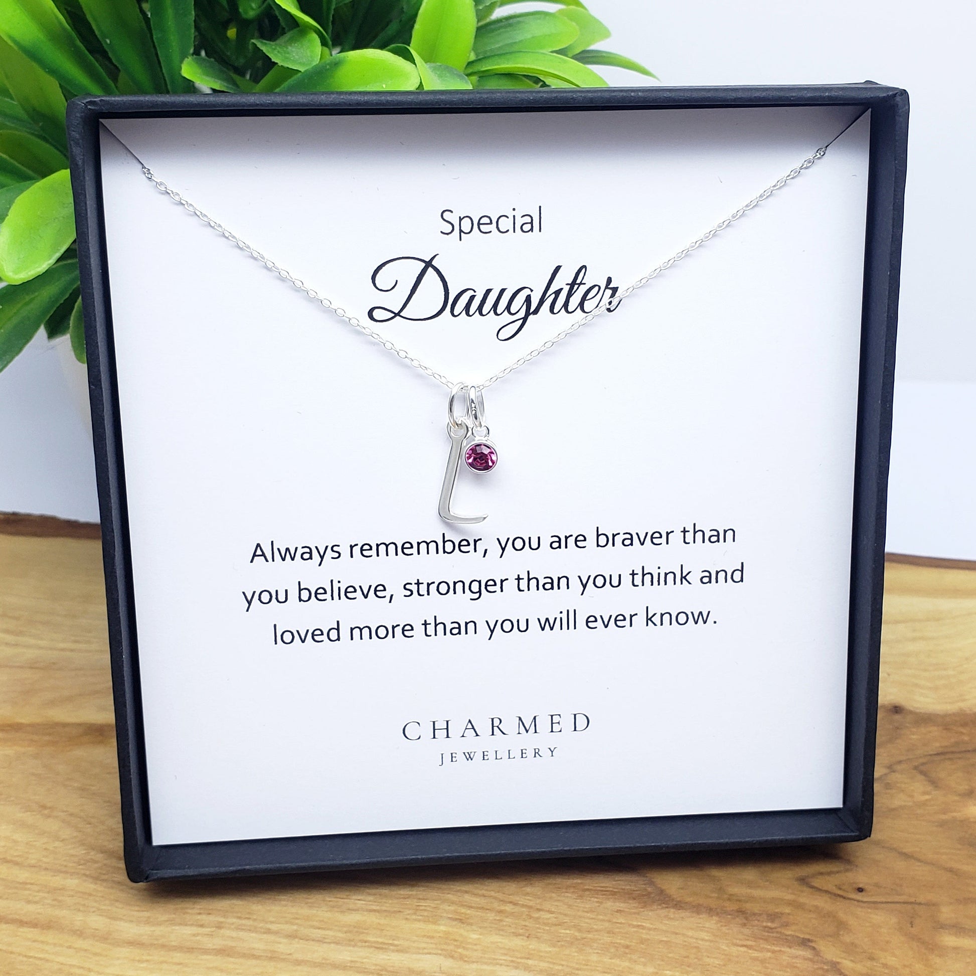 Daughter Initial Letter Necklace with Birthstone in Sterling Silver 925 | Personalised Jewellery Gift