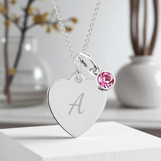 Initial Letter Engraved Necklace with Birthstone in Sterling Silver 925 | Personalised Jewellery Gift