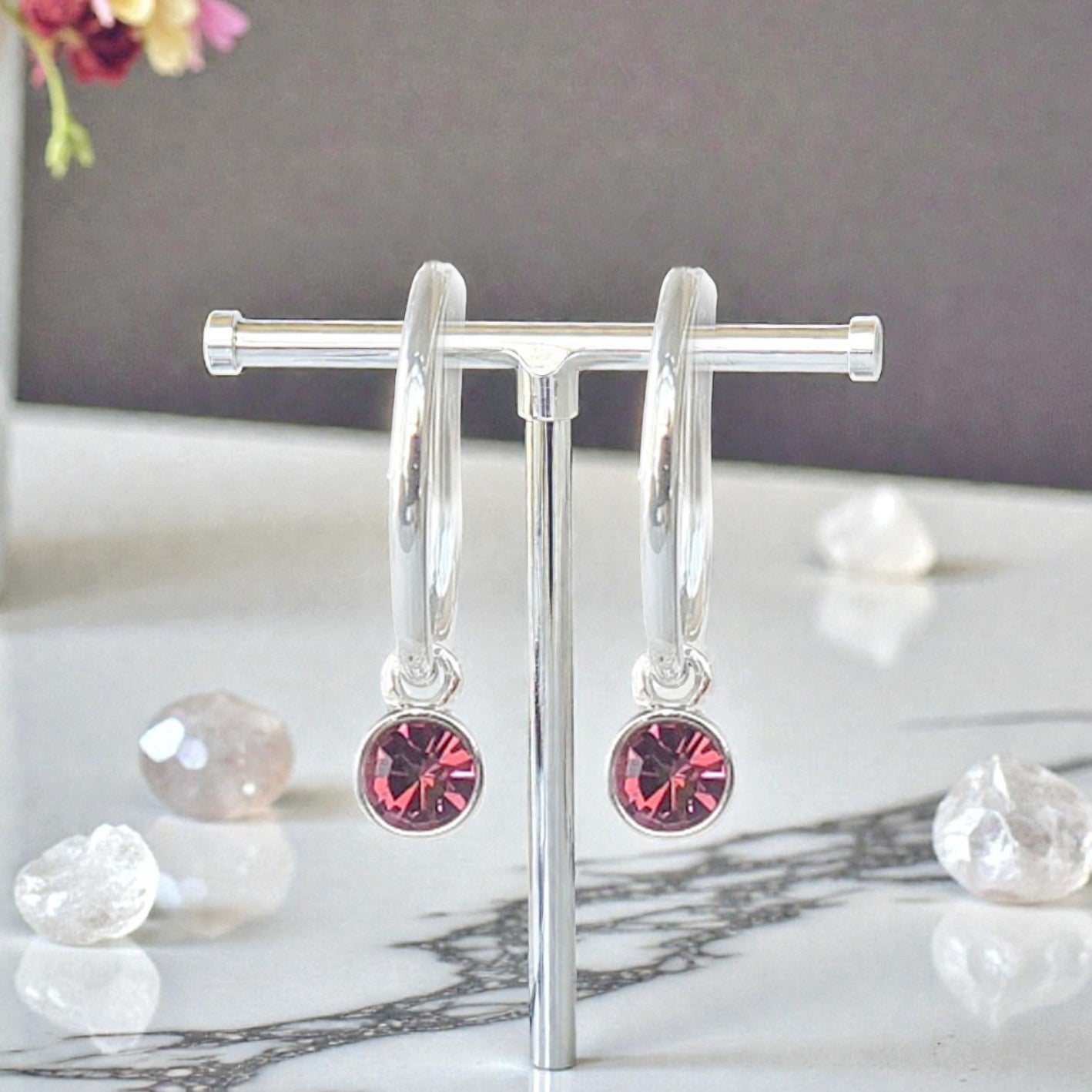 Birthstone Crystal Hoop Earrings – 15mm | 925 Sterling Silver