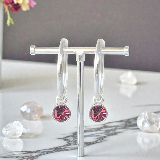 Birthstone Crystal Hoop Earrings – 15mm | 925 Sterling Silver