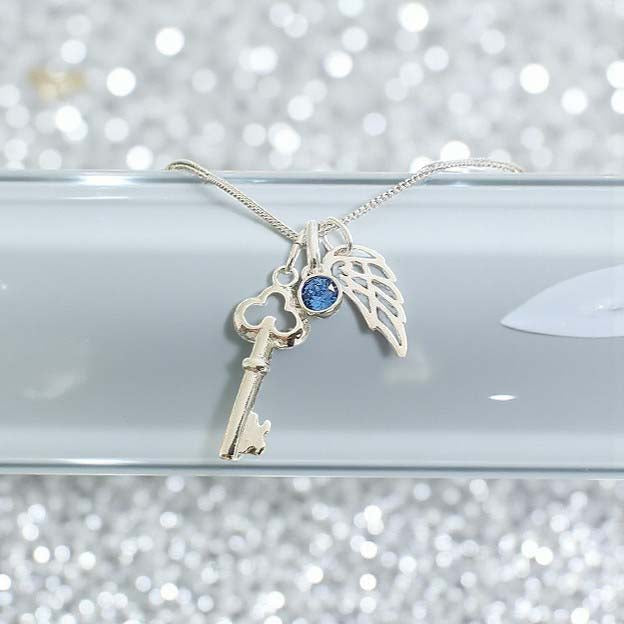 Key with Angel Wing & Birthstone Necklace | 925 Sterling Silver Personalised Jewellery