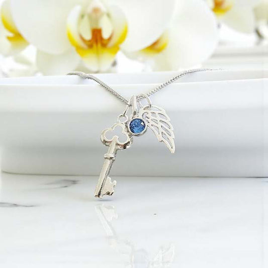 Key with Angel Wing & Birthstone Necklace | 925 Sterling Silver Personalised Jewellery