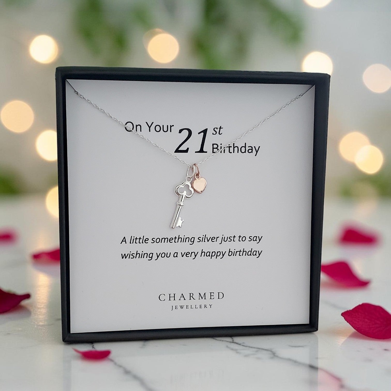 21st Birthday Key Necklace with Rose Gold Heart in Sterling Silver 925, Personalised Jewellery Gift