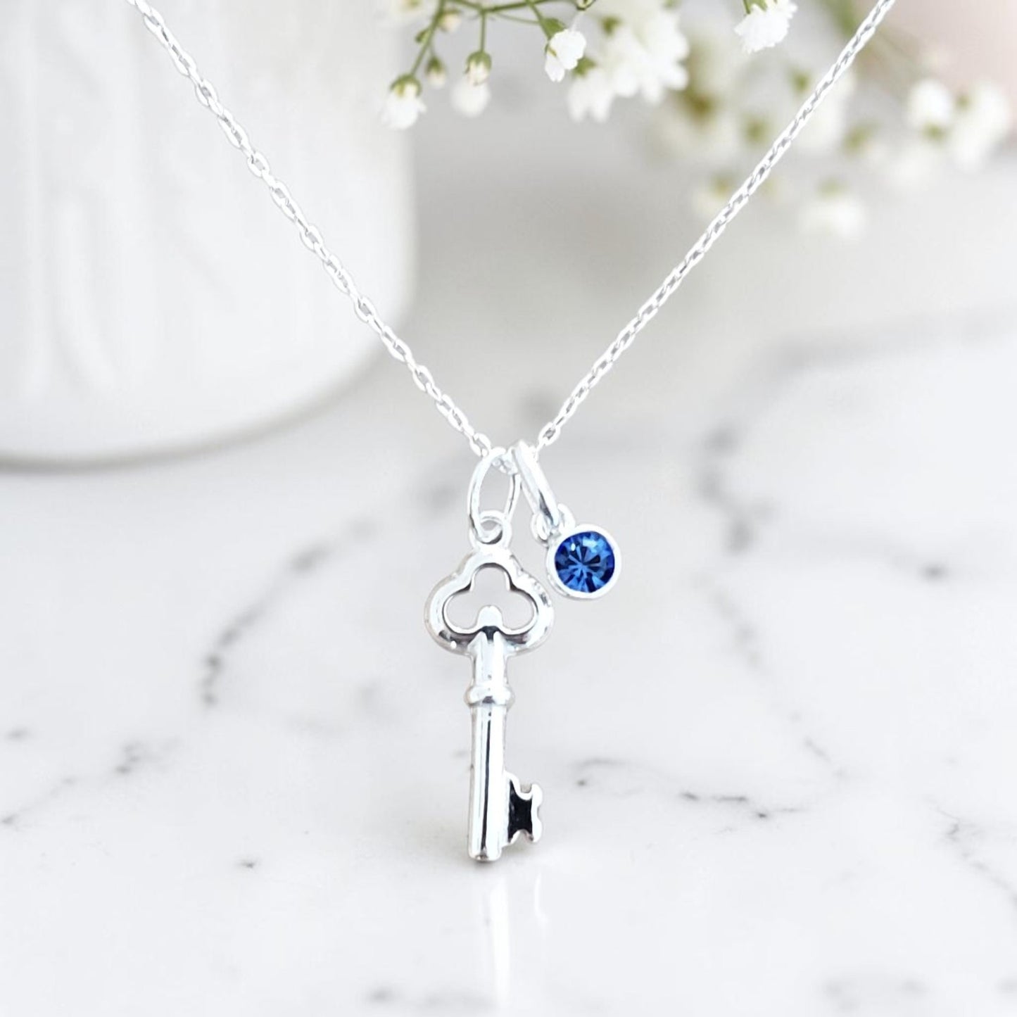 21st Birthday Key Necklace with Birthstone  in Sterling Silver 925, Personalised Jewellery Gift