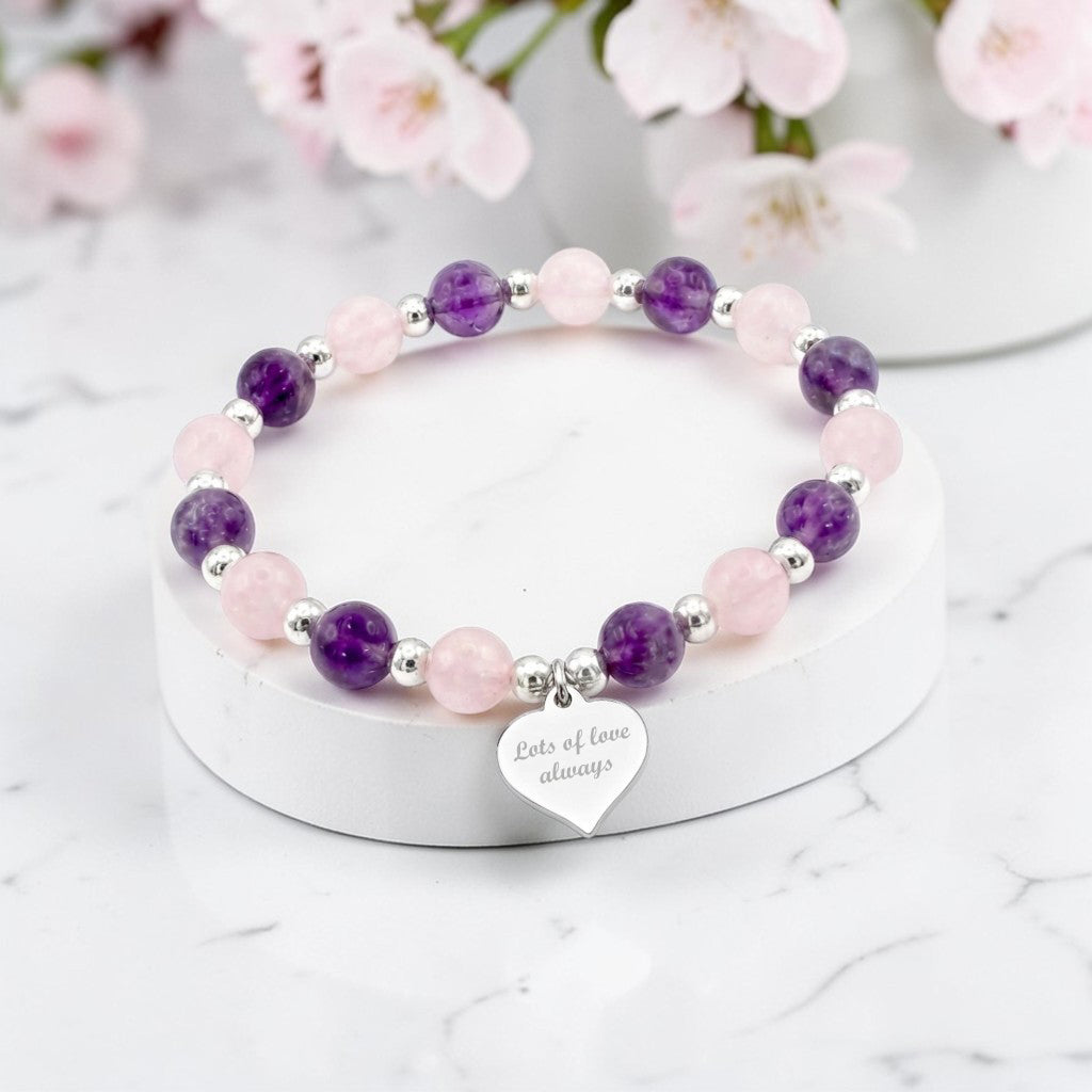 Personalised Name Engraved Stretch Bracelet | Amethyst & Rose Quartz | Sterling Silver 925