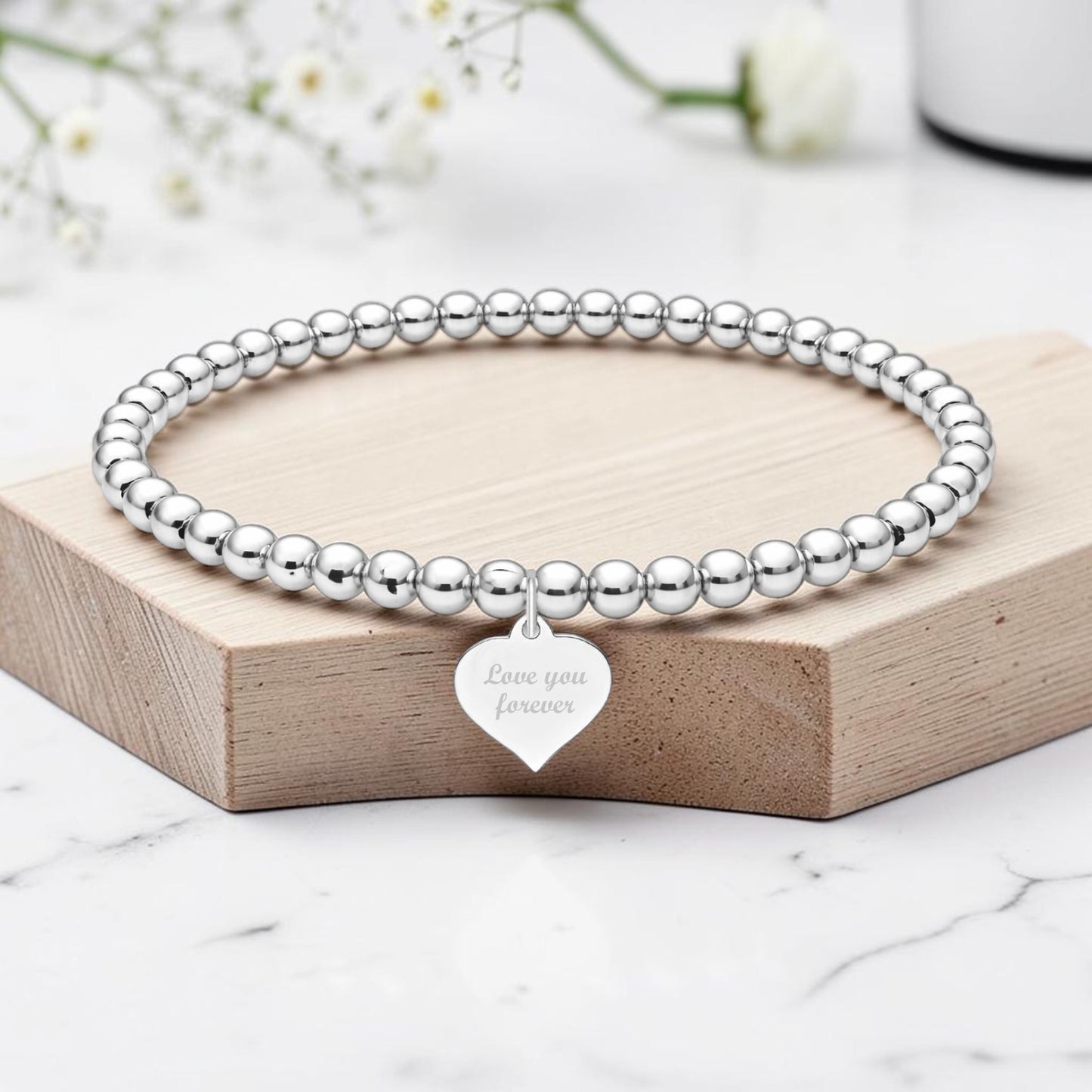 Personalised Engraved Stretch Bracelet | Sterling Silver 925 | 4mm Beads