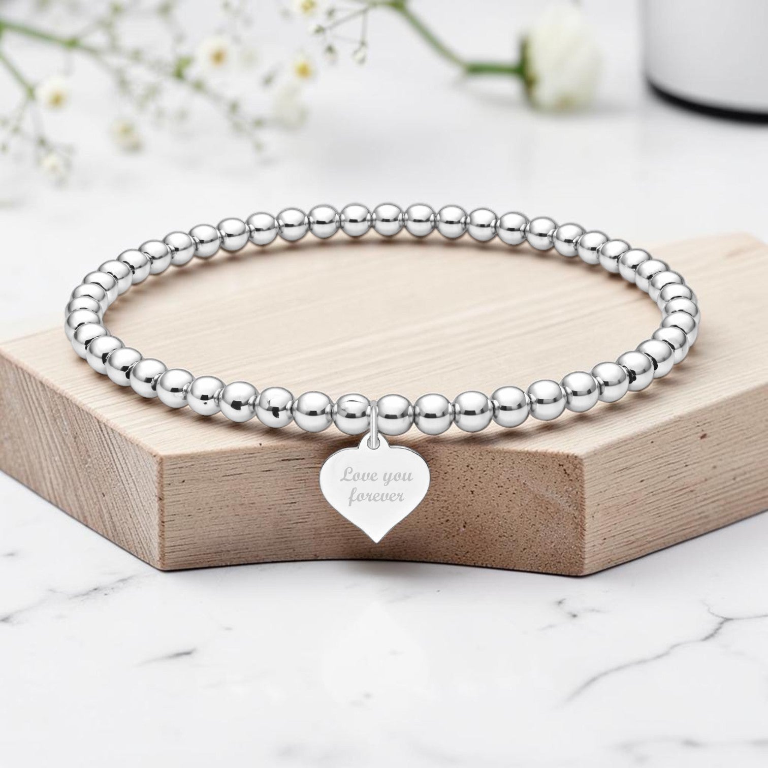 Personalised Engraved Stretch Bracelet | Sterling Silver 925 | 4mm Beads