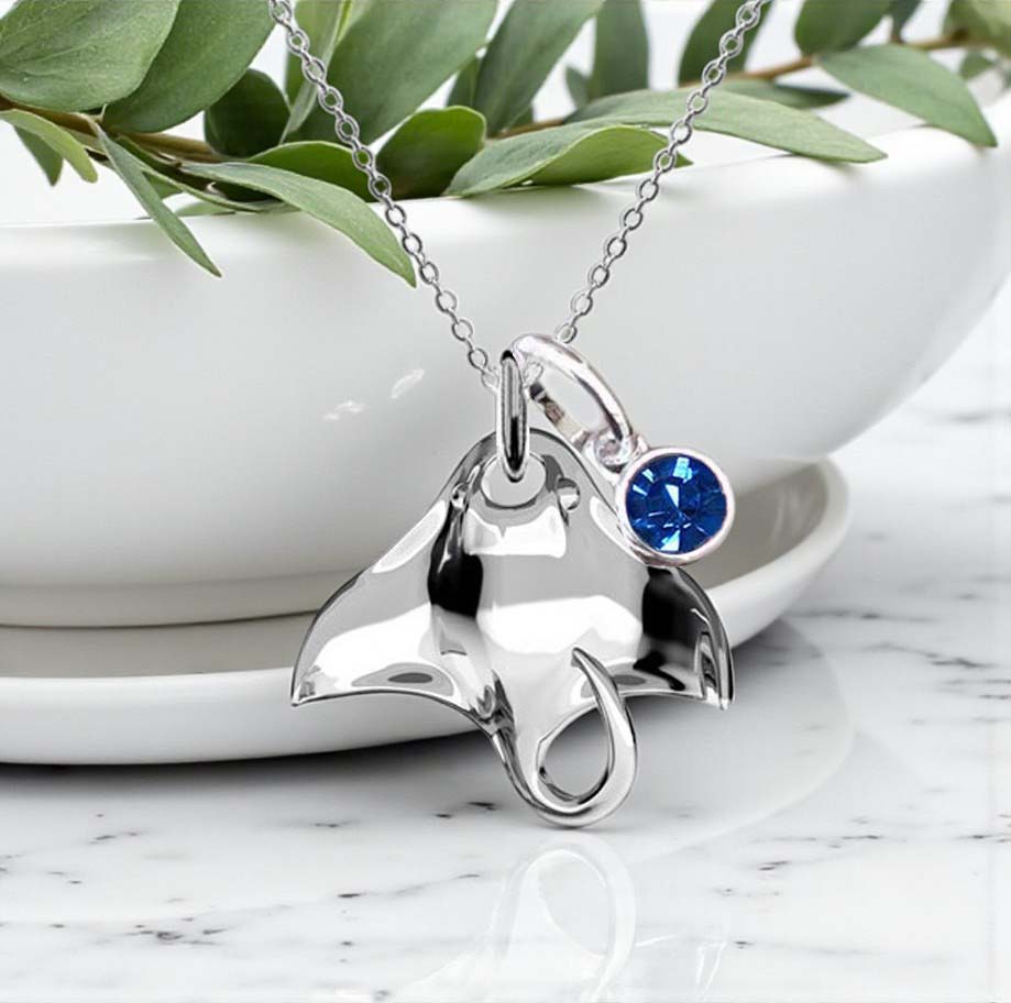 Manta Ray Necklace with Crystal Birthstone | Sterling Silver 925