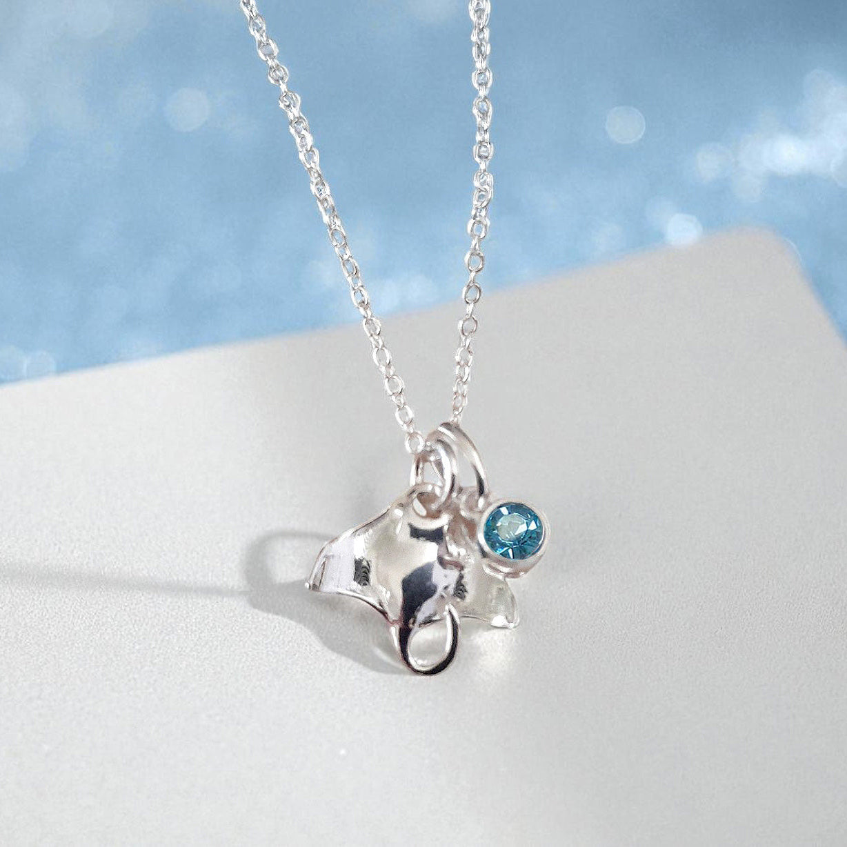 Manta Ray Necklace with Crystal Birthstone | Sterling Silver 925