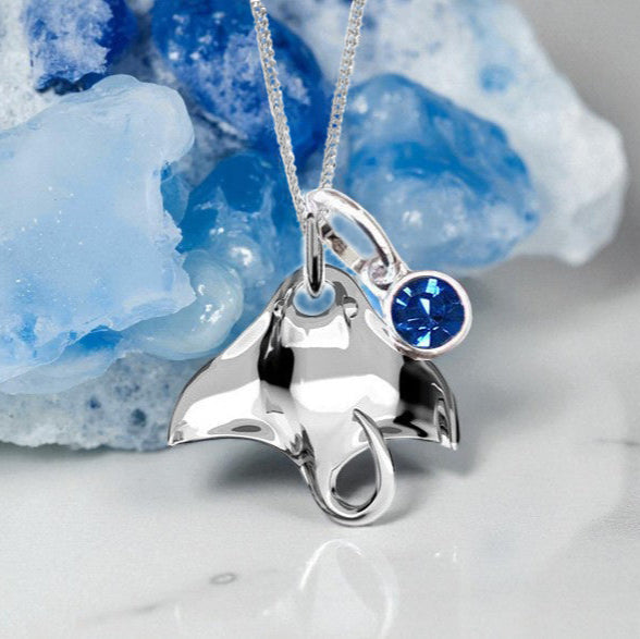 Manta Ray Necklace with Crystal Birthstone | Sterling Silver 925
