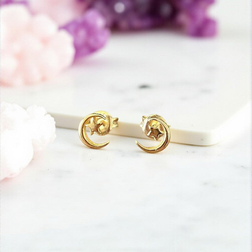 Moon and Stars Stud Earrings | 14ct Gold Plated Sterling Silver 925 | Celestial Jewellery Gift