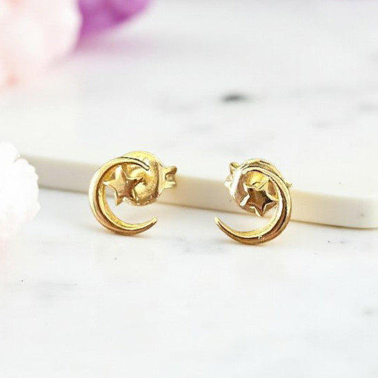 Moon & Star Stud Earrings | 18ct Gold Plated Sterling Silver | Personalised Gift for Her