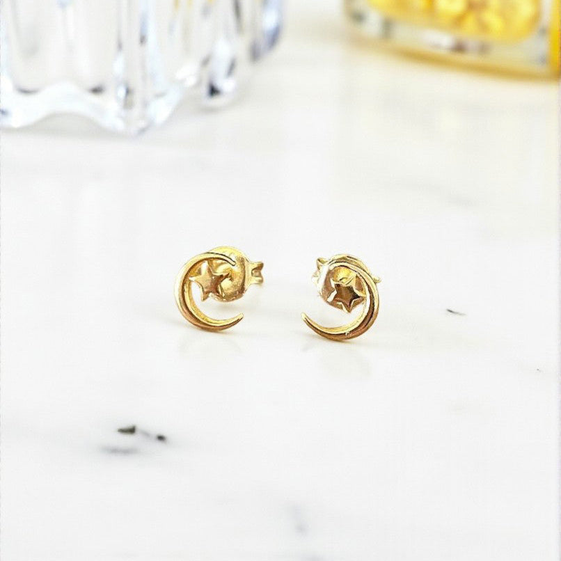 Moon and Stars Stud Earrings | 14ct Gold Plated Sterling Silver 925 | Celestial Jewellery Gift