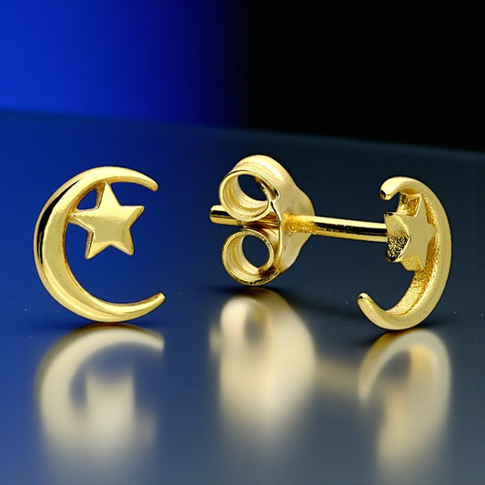 Moon and Stars Stud Earrings | 14ct Gold Plated Sterling Silver 925 | Celestial Jewellery Gift
