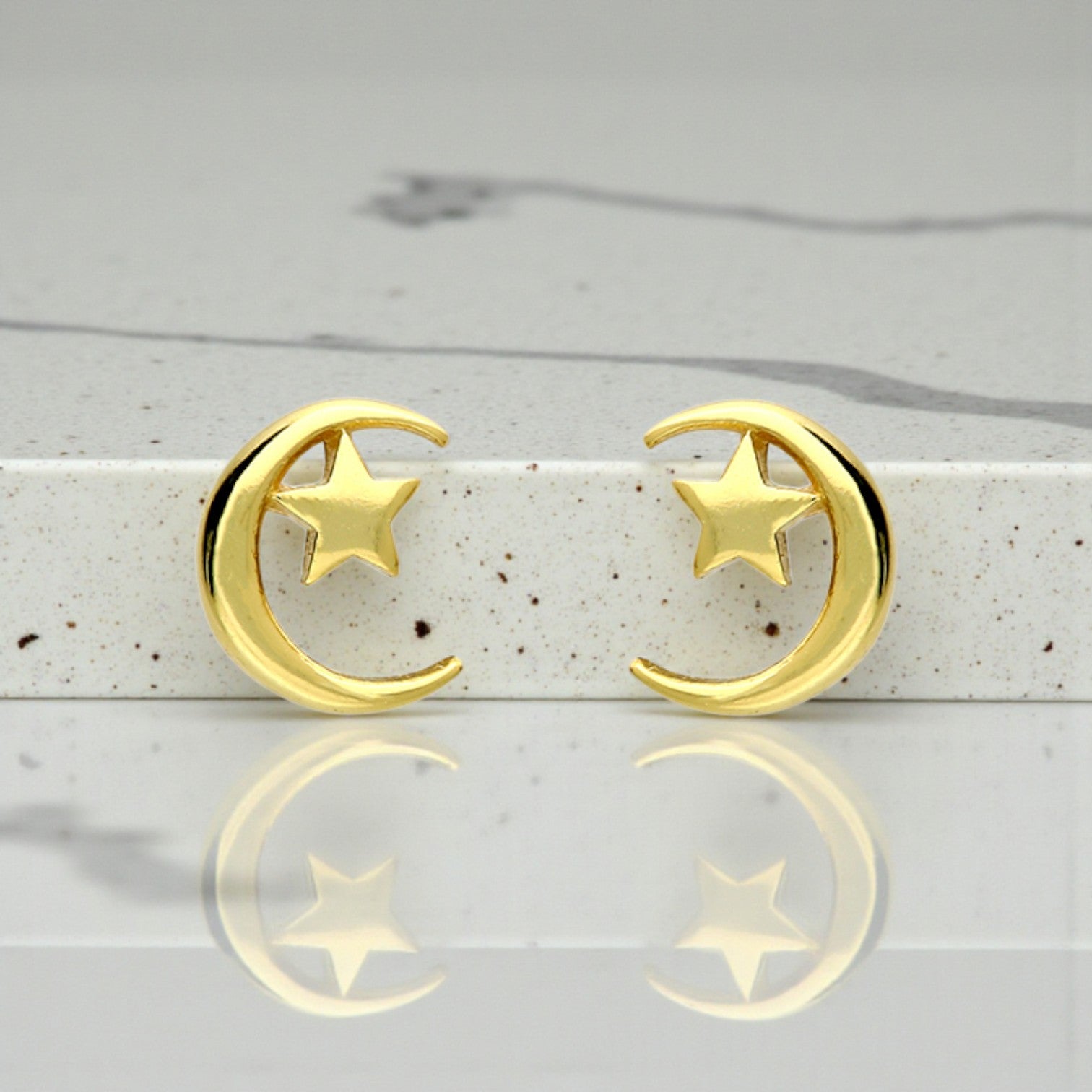 Moon and Stars Stud Earrings | 14ct Gold Plated Sterling Silver 925 | Celestial Jewellery Gift