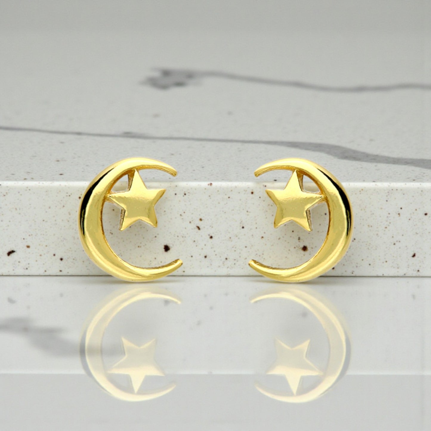 Moon & Star Stud Earrings | 18ct Gold Plated Sterling Silver | Personalised Gift for Her