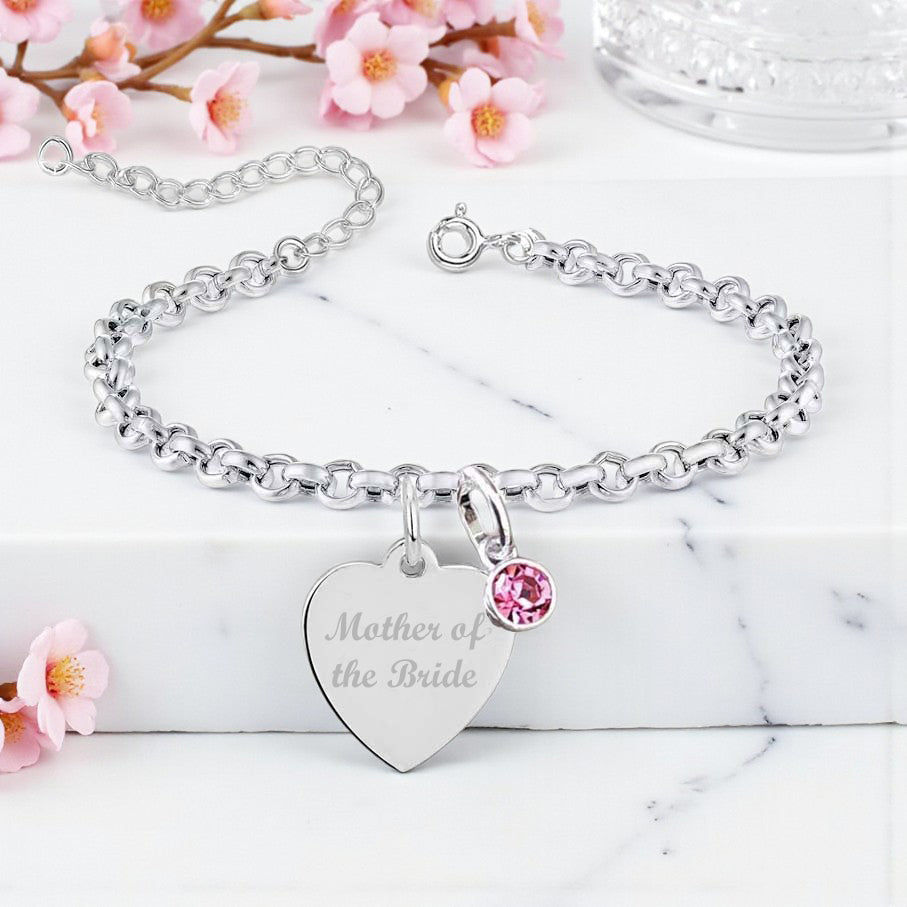 Mother of the Bride Engraved Bracelet with Birthstone – Sterling Silver 925 | Personalised Jewellery Gift