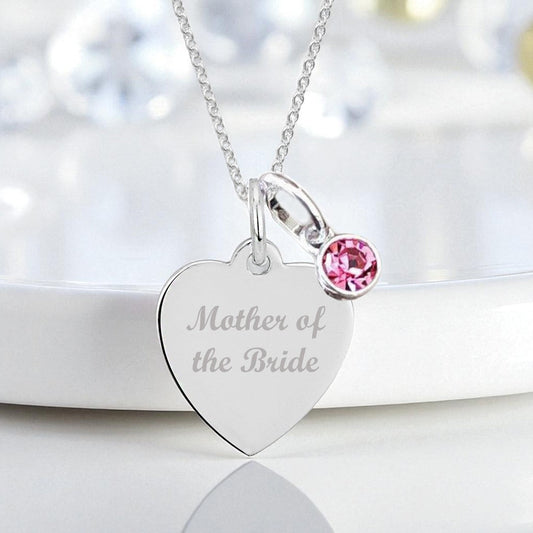 Mother of the Bride Engraved Necklace with Birthstone in Sterling Silver 925 | Personalised Jewellery Gift