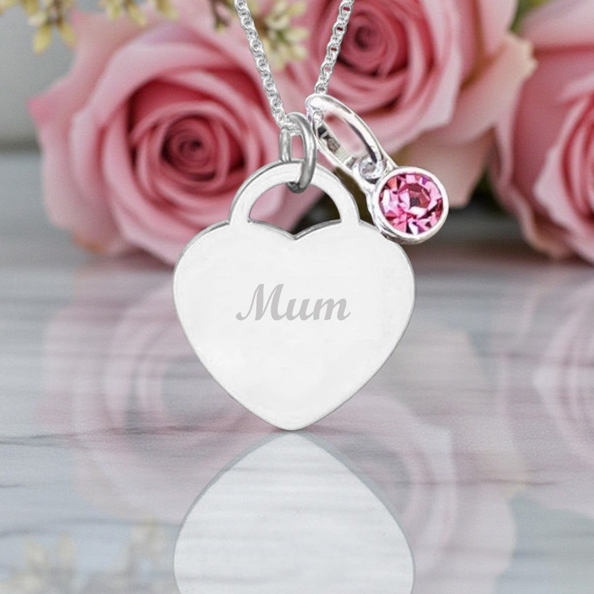 Mum Engraved Necklace with Birthstone in Sterling Silver 925 | Personalised Jewellery Gift