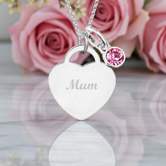 Mum Engraved Necklace with Birthstone in Sterling Silver 925 | Personalised Jewellery Gift