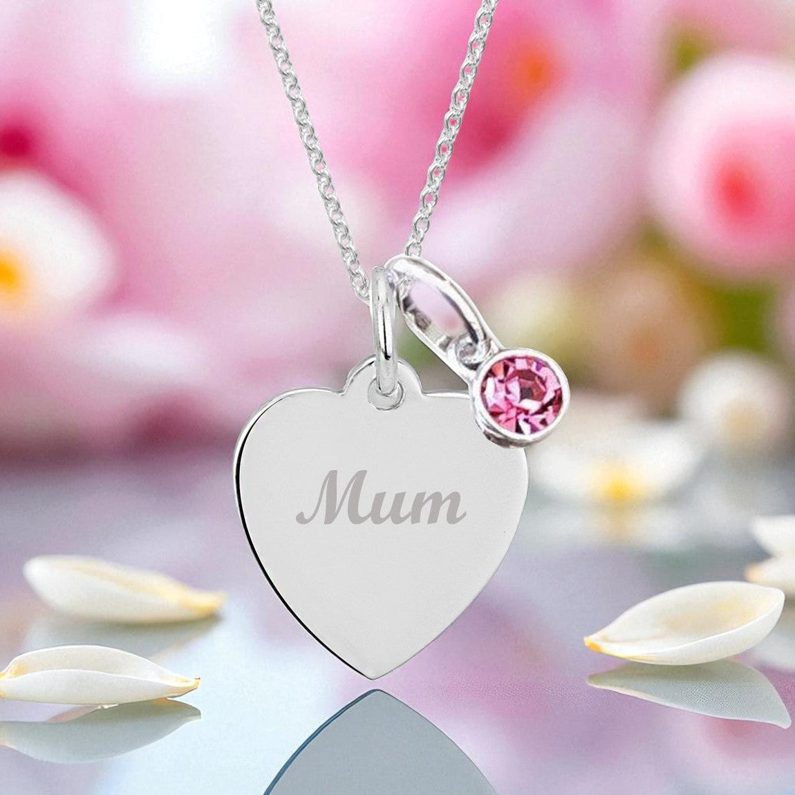 Mum Engraved Necklace with Birthstone in Sterling Silver 925 | Personalised Jewellery Gift