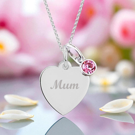Mum Engraved Necklace with Birthstone in Sterling Silver 925 | Personalised Jewellery Gift