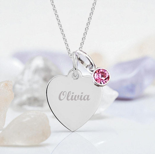 Engraved Name Necklace with Crystal Birthstone | Sterling Silver 925 | Personalised