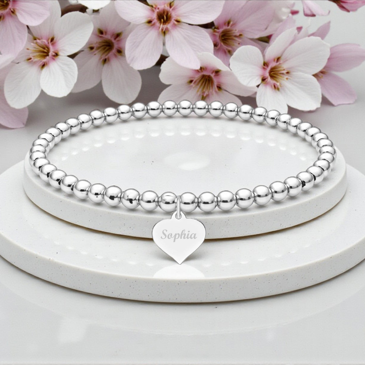 Personalised Name Engraved Stretch Bracelet | Sterling Silver 925 | 4mm Beads