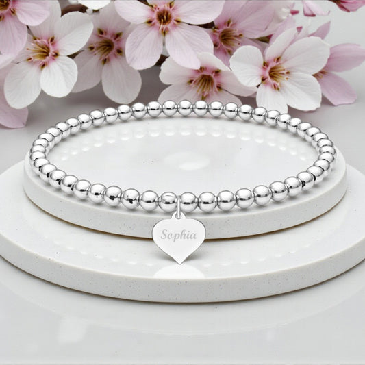 Personalised Name Engraved Stretch Bracelet | Sterling Silver 925 | 4mm Beads
