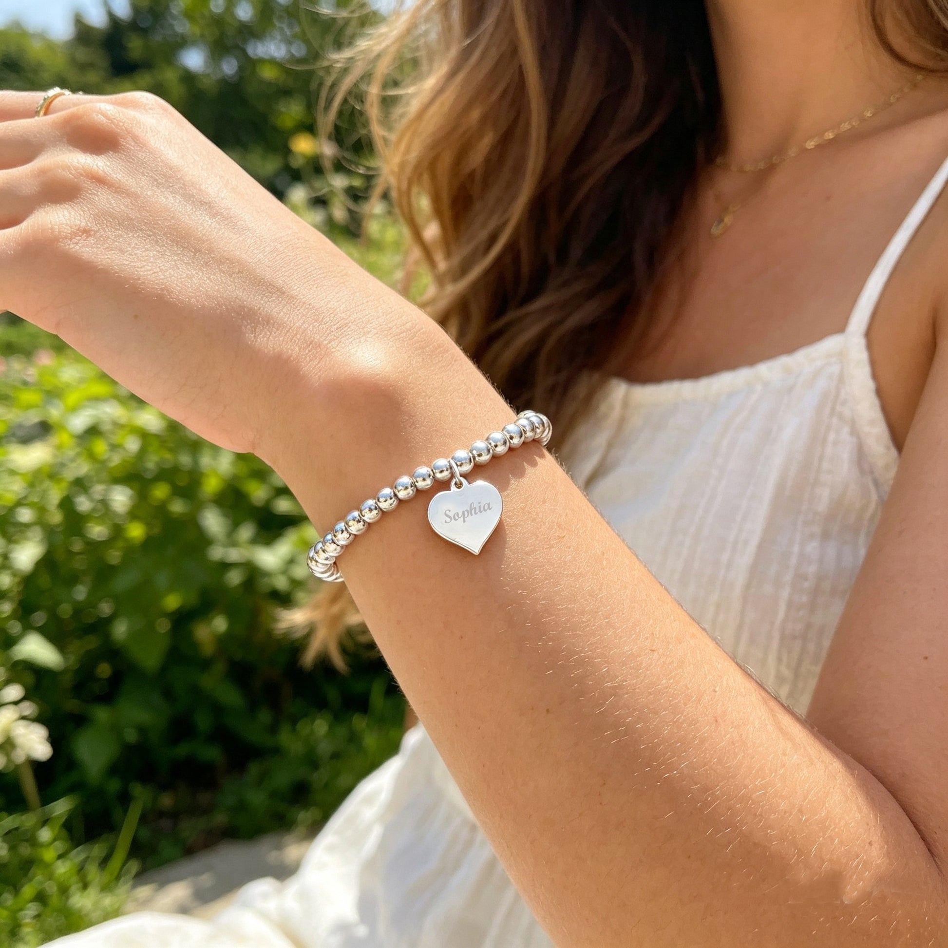 Personalised Name Engraved Stretch Bracelet | Sterling Silver 925 | 4mm Beads