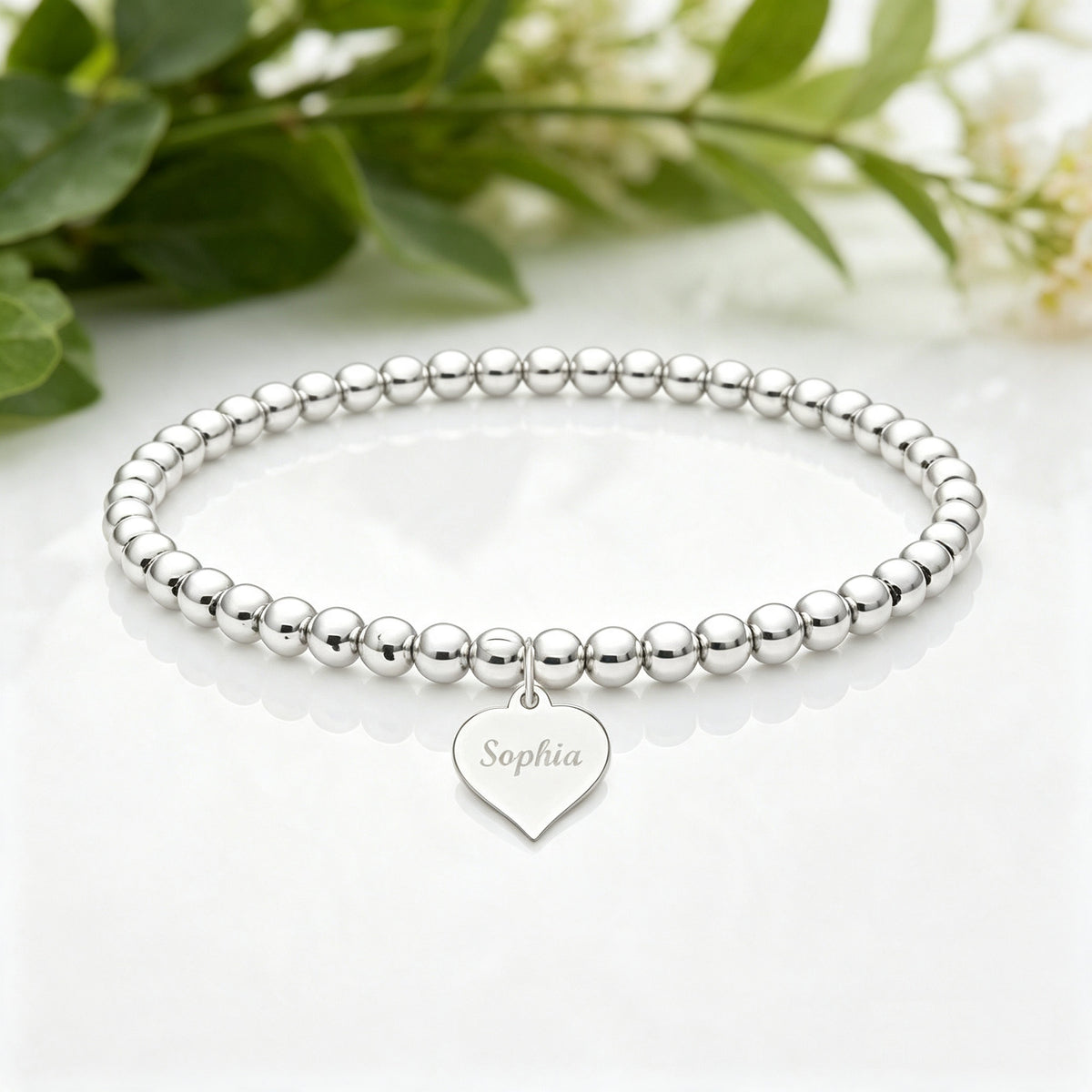 Personalised Name Engraved Stretch Bracelet | Sterling Silver 925 | 4mm Beads