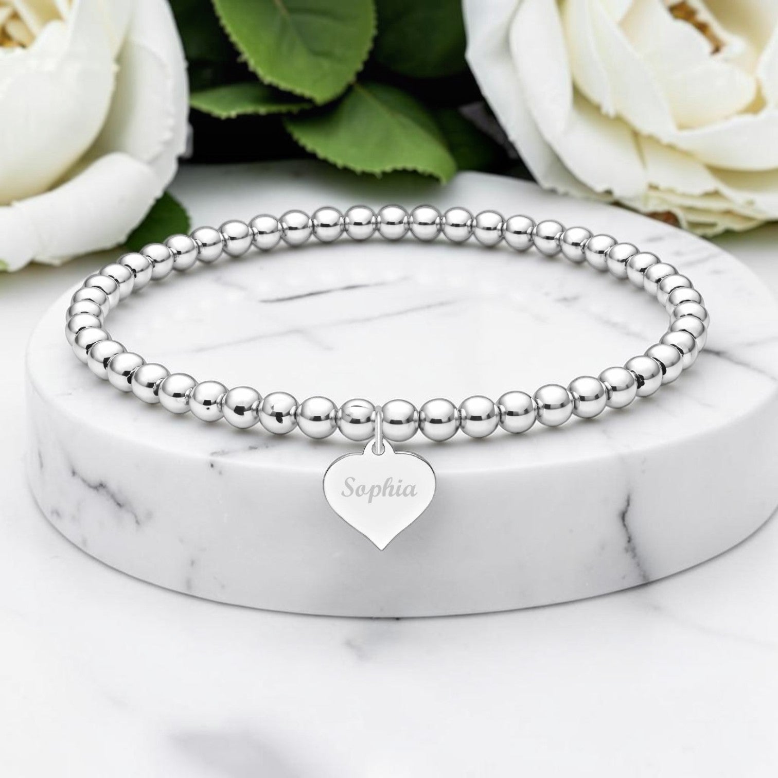 ersonalised  Name Engraved Stretch Bracelet | Sterling Silver 925 | 4mm Beads