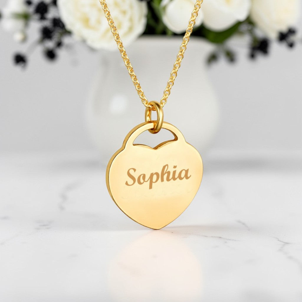 Engraved Name Heart Necklace | Gold Stainless Steel | Personalised Jewellery